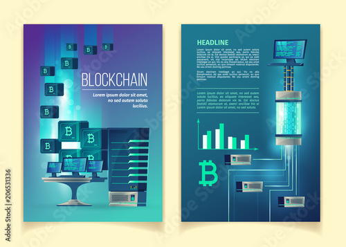 Blockchain, farm for mining bitcoins, modern internet technologies vector concept illustration. Template for brochure, leaflet with server equipment, computers, network, abstract blocks