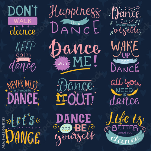Dance lettering vector dancing sign and dancer typographic print illustration set of inspirations for dance-hall isolated on background photo