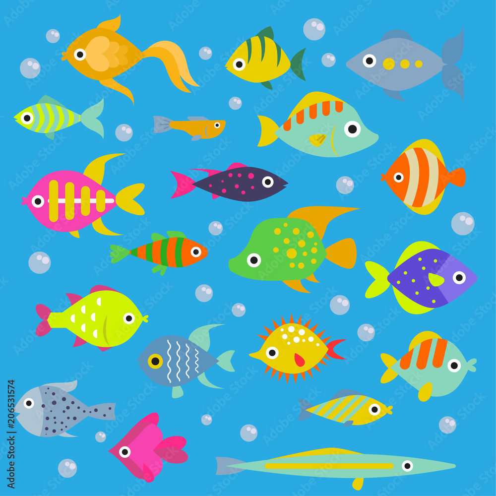 Aquarium flat fish vector ocean breeds underwater bowl tropical aquatic animals water nature pet characters illustration. Beautiful swimfish freshwater nautical seaside decorative icons