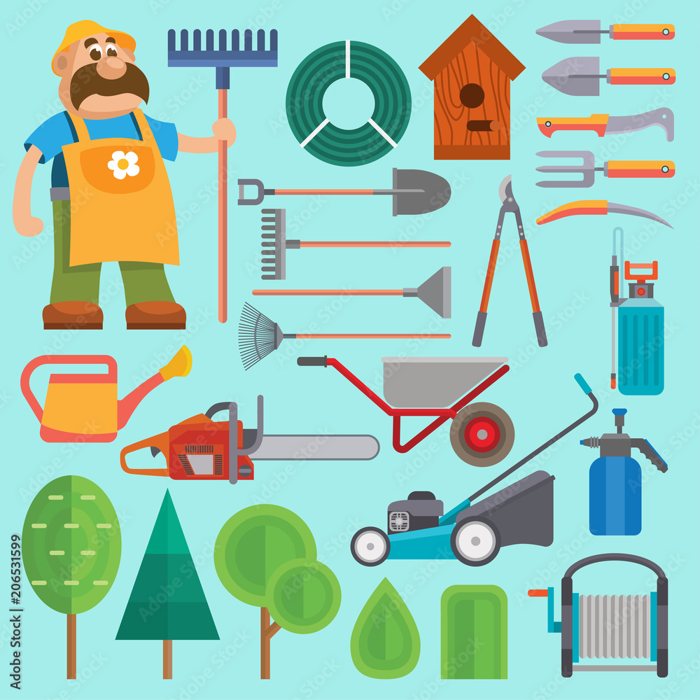 Garden equipment and gardener vector farmer flat set character with beard and rake illustration. Set of agriculture farming tools on white. Spring garden equipment flat set watering green plants