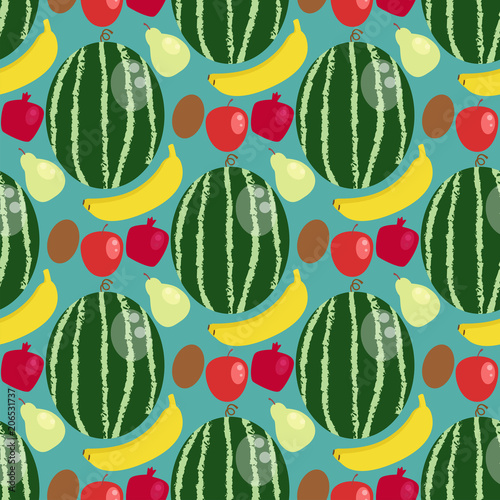Cartoon fresh watermelon banana apple fruits in flat style seamless pattern b...