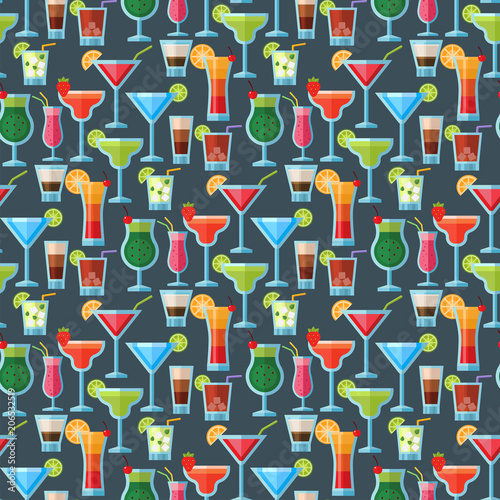 Alcoholic cocktails seamless pattern background fruit cold drinks tropical cosmopolitan freshness party alcohol sweet tequila vector illustration.