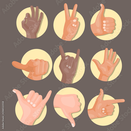 Hands deaf-mute different gestures human arm people communication message vector illustration.