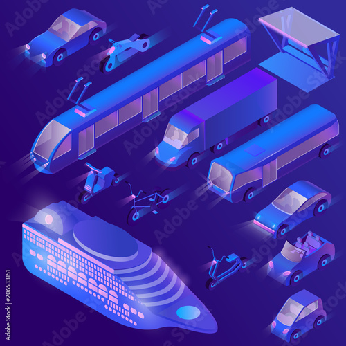 Vector set of isometric violet urban public transport for passenger transportation. Private cars, cruise liner and other transport at night. Collection of ultraviolet vehicles in cartoon style.