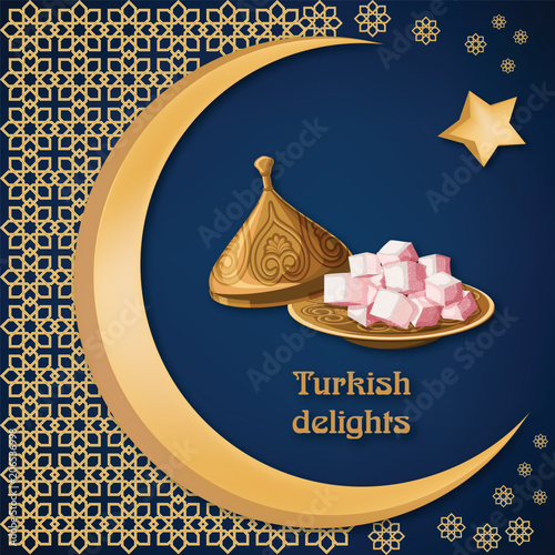 Turkish delight locum on decorated copper plate with text, arabic ornament, moon and star on dark blue background.