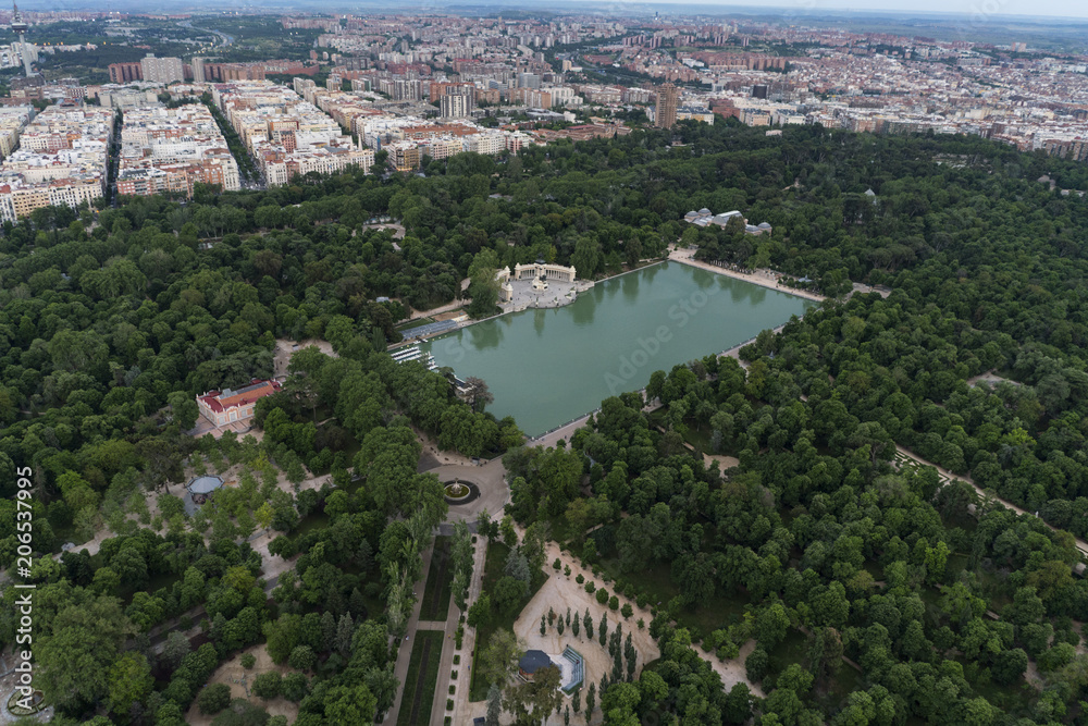 Air view of Retiro Park in Madrid, Spain