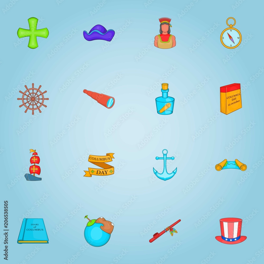 Columbus day icons set. Cartoon illustration of 16 columbus day vector icons for web Columbus day icons set. Cartoon illustration of 16 columbus day vector icons for web