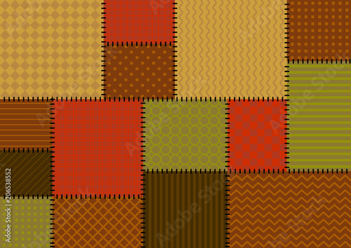 Vector patchwork background with brown, red and beige tiles with geometric ornament photo