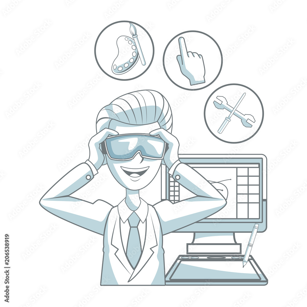 Graphic designer working with computer vector illustration graphic design