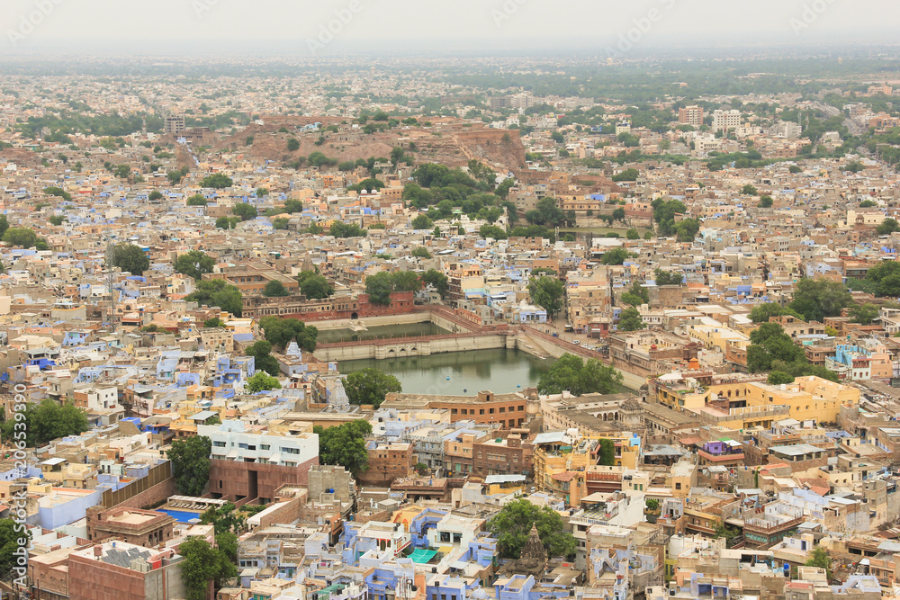 Panorama view from fort of Jodhpur city in India, known as blue city. Overpopulated, pollution, crowded concept. Jodhpur panorama view
