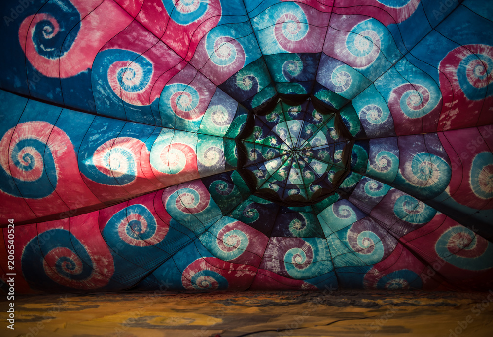 A creative, colorful design inside a hot air balloon. 
