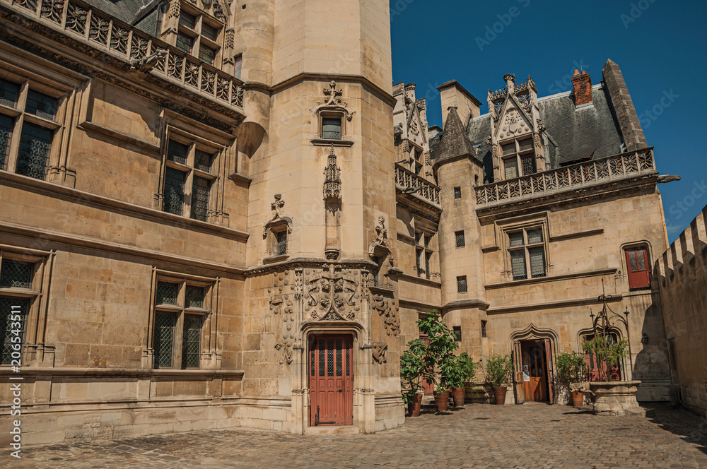 Gothic facade of the Cluny Museum, with a rich collection of medieval art artifacts in Paris. Known as one of the most impressive world’s cultural center. Northern France.