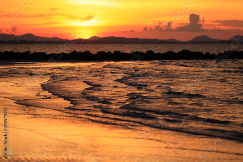 Seascape with sunset time have wind wave island cloud mountain . tropical sea at south east asia .Thailand .selective focus