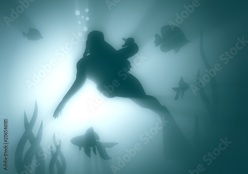 Silhouette of diver in the depth of ocean. Seaweed and fishes. The concept of sport diving.