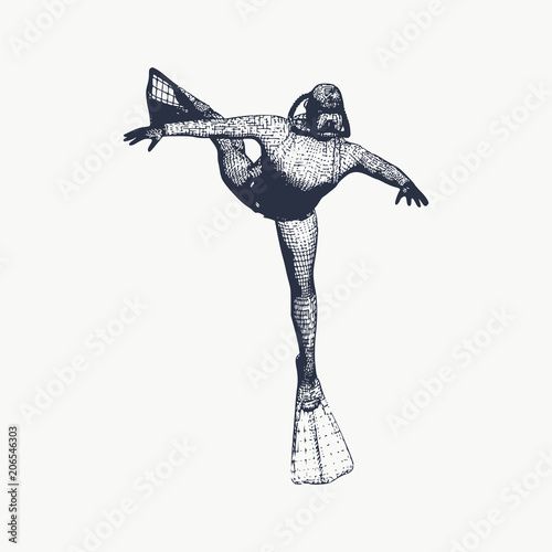 Silhouette of diver. Icon diver. The concept of sport diving. Vintage engraved illustration