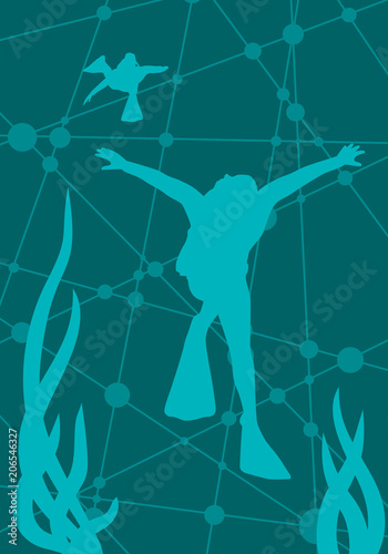 Silhouette of diver. The concept of sport diving. Connected lines with dots on backdrop