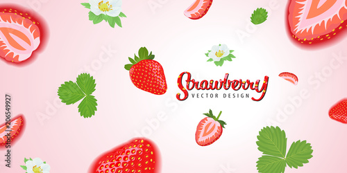 Fototapeta Naklejka Na Ścianę i Meble -  Flying strawberries plant consists of leaves, stems and flowers on green background template. Vector set of fruit element for advertising, packaging design of strawberry products.