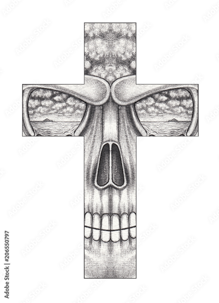 Art Surreal Skull Cross Tattoo.Hand drawing on paper. Illustration Stock |  Adobe Stock