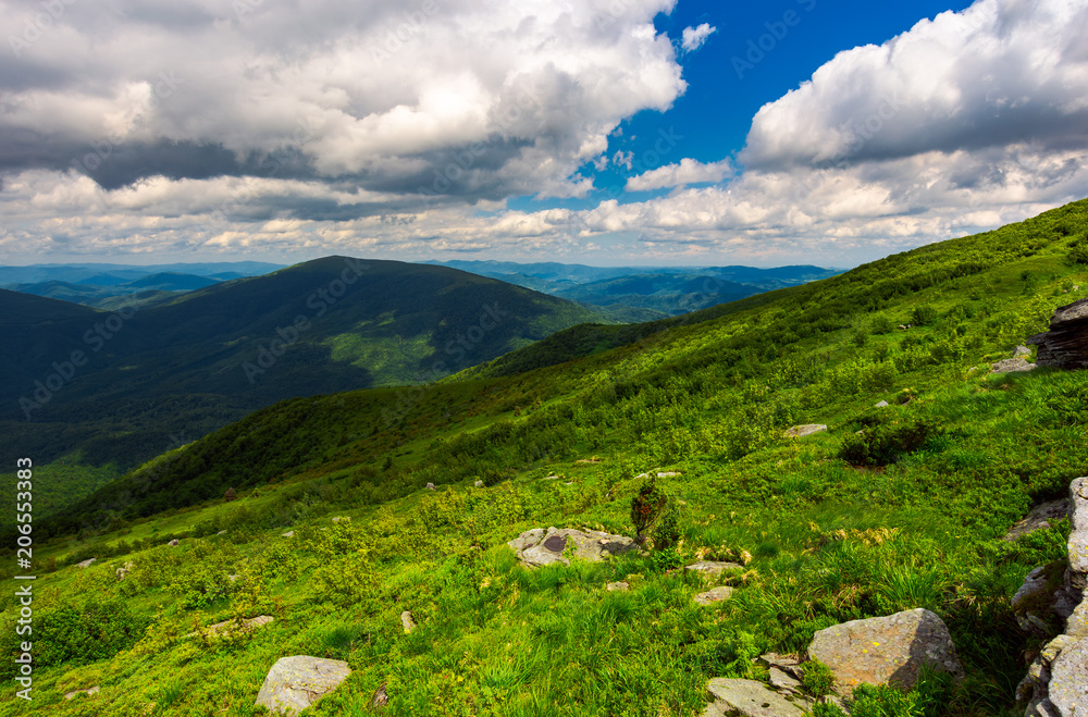 landscape of Runa mountain with boulders on hills. gorgeous landscape of amazing Carpathian mountains on a summer day with cloudy sky landscape of Runa mountain with boulders on hills. gorgeous landscape of amazing Carpathian mountains on a summer day with cloudy sky