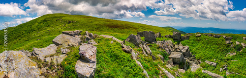 panorama of Runa mountain with rocks on hillside. gorgeous landscape of amazing Carpathian mountains on a summer day with beautiful cloudscape on a blue sky © Pellinni