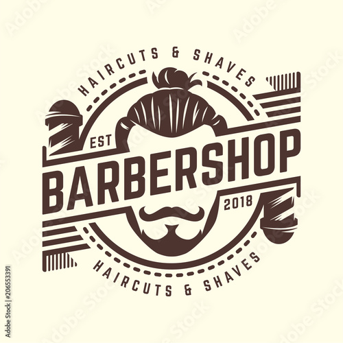 Barbershop logo template, vintage or retro style, with bearded man and barber tools