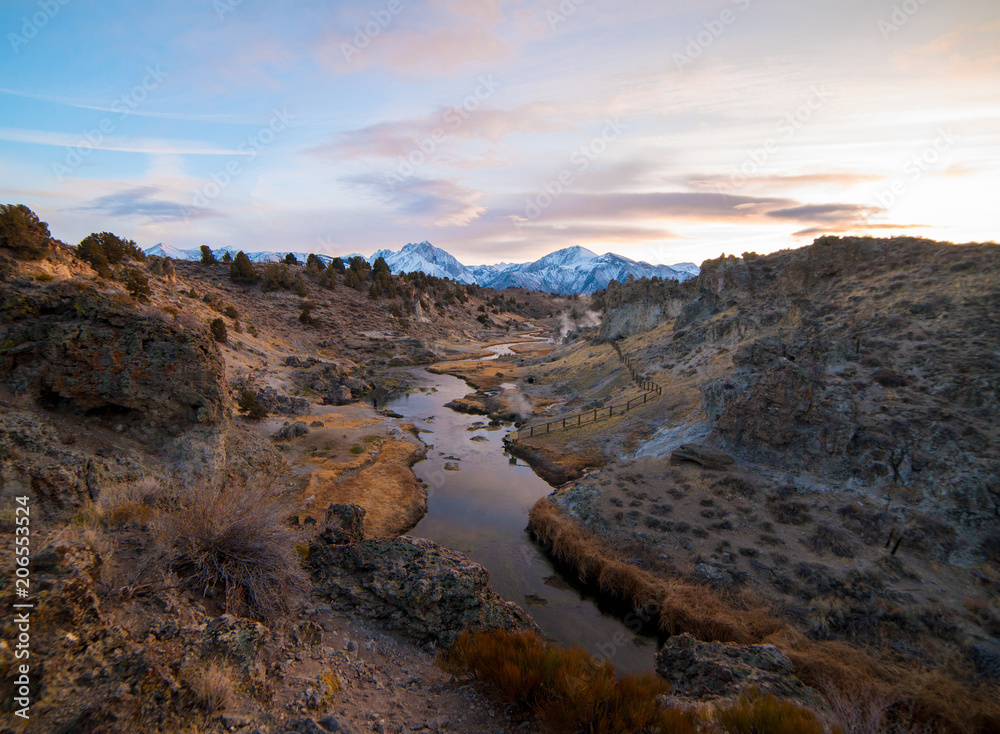 A beautiful sunset over the Eastern Sierra from Hot Creek Geological Site