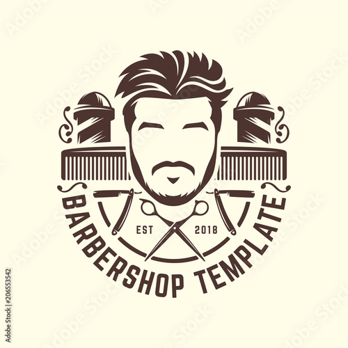 Barbershop logo template, vintage or retro style, with bearded man and barber tools