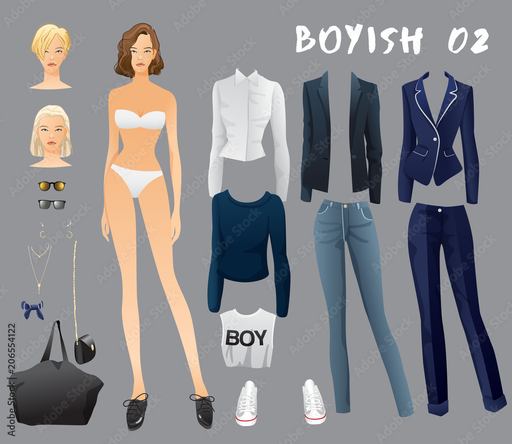 Body Template with Outfits and Accessories for Boyish Look : Vector  Illustration Stock Vector | Adobe Stock