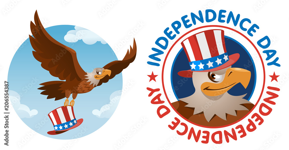 Fototapeta premium Independence Day. American eagle in patriotic hat. Cartoon styled vector illustration. 