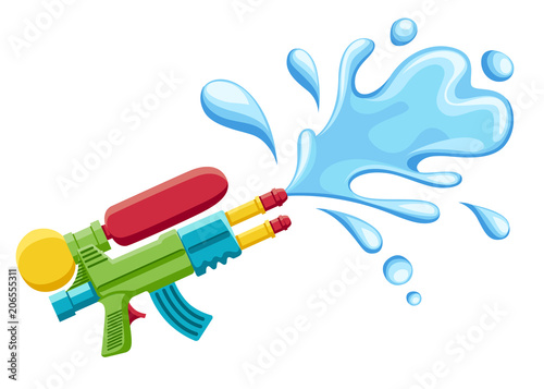 Water gun illustration. Plastic summer toy. Colorful design for children. Gun with water splash. Flat vector illustration isolated on white background