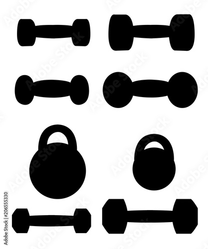 Black silhouette. Weight and dumbbells training equipment. Sports collection in various colors. Flat vector illustration isolated on white background