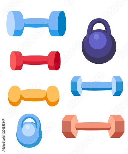 Weight and dumbbells training equipment. Sports collection in various colors. Flat vector illustration isolated on white background