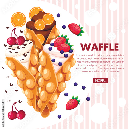 Hong Kong waffles. Waffle with strawberry, cherry and orange and whipped cream. Vector illustration with place for text. Website page and mobile app design