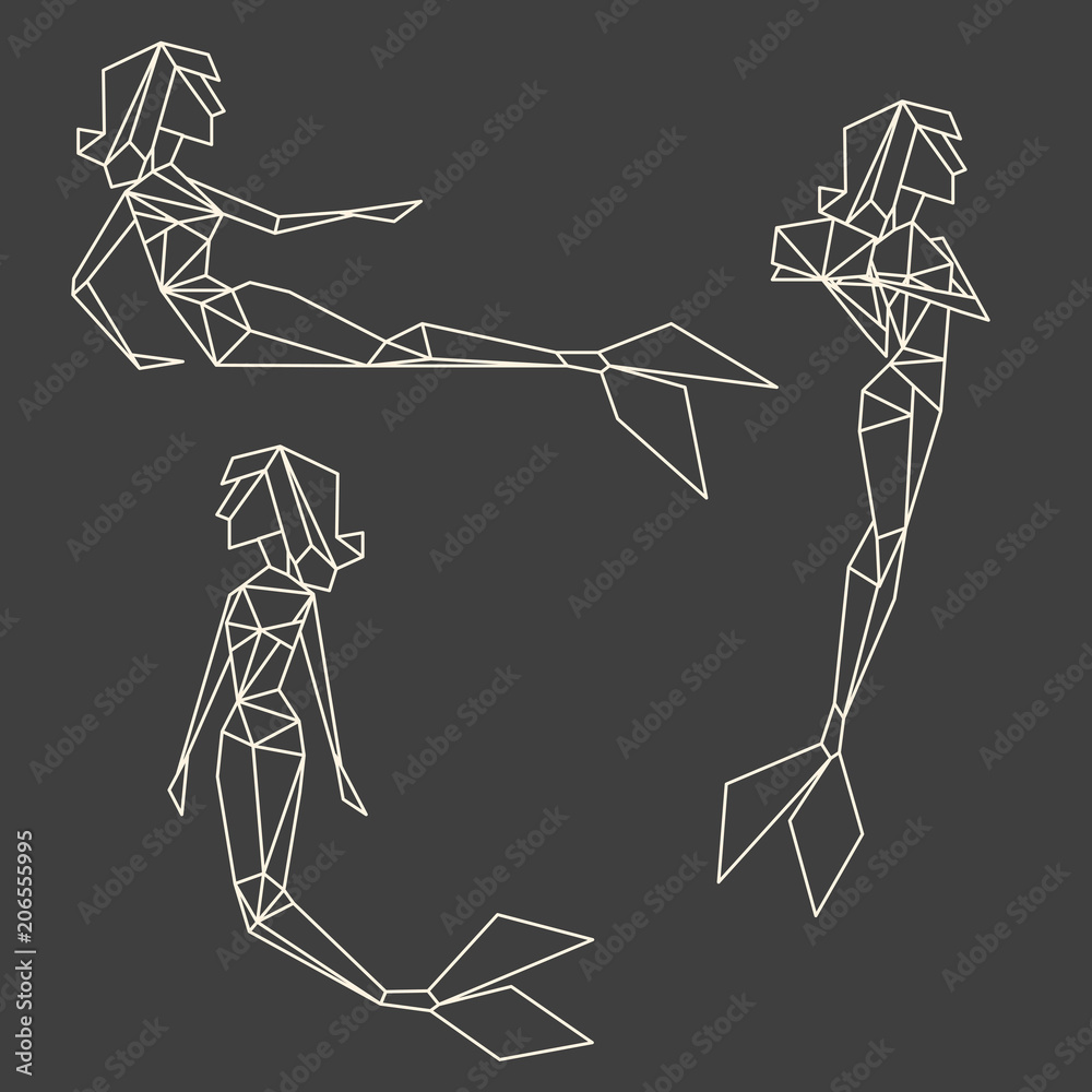 Set of polygon linear graphic mermaids Set of polygon linear graphic mermaids