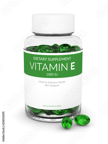 3d render of vitamin E pills in bottle photo