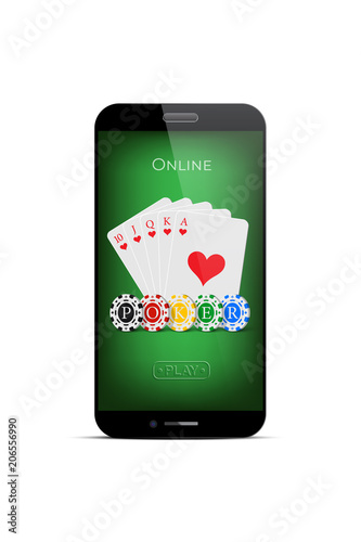 Online poker design template. Vector royal flush of hearts and casino chips with Poker word on green smartphone display.