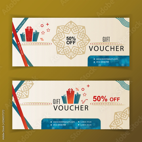 Vector gift voucher template. Universal flyer for business. Vinrage vector design, beige,red, turquoise design elements. Classical style design for department stores, business.