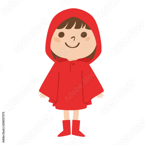 雨の日にレインコートを着て喜んでる女の子のイラスト