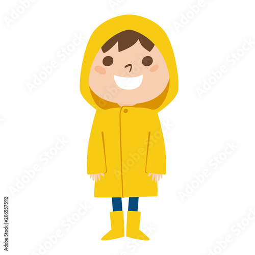 雨の日にレインコートを着て喜んでる男の子のイラスト