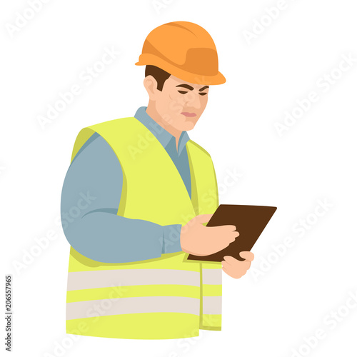 worker in a  helmet with a tablet vector illustration flat