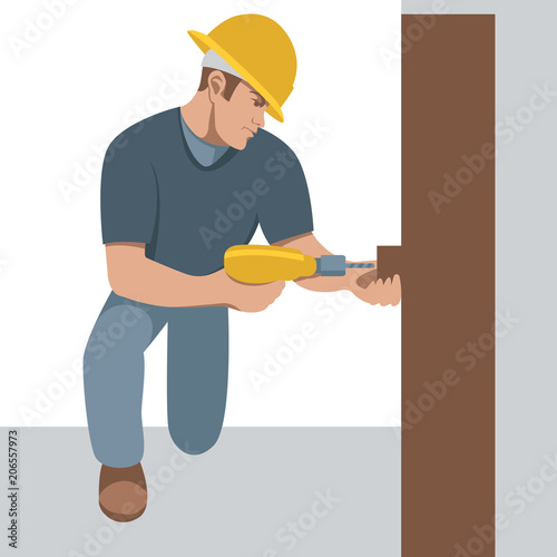 the worker drills the hole vector illustration flat