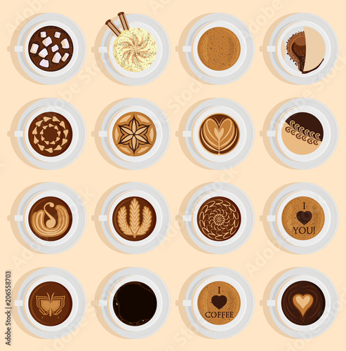 Vector coffe top view realistic drink different coffee recipe like cappuccino...