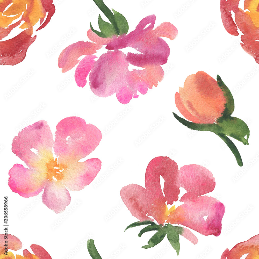 Seamless pattern of delicate pink and red watercolor rose flowers, blossoms, buds on white background. Watercolor rose flowers on white background, seamless pattern, backdrop, textile, print design