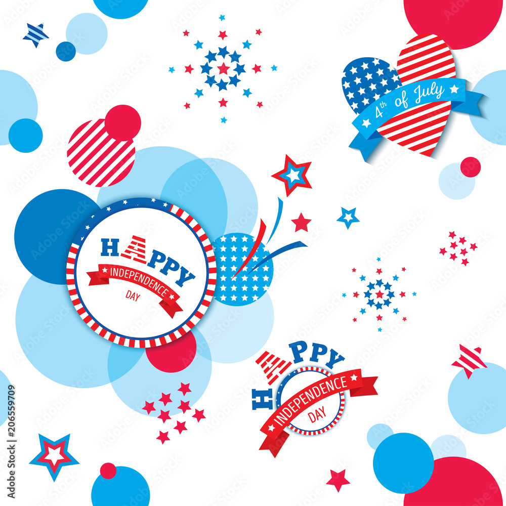 Obraz premium Illustration vector of Happy Independence day celebration of USA decorated with circle and flag design for seamless pattern.
