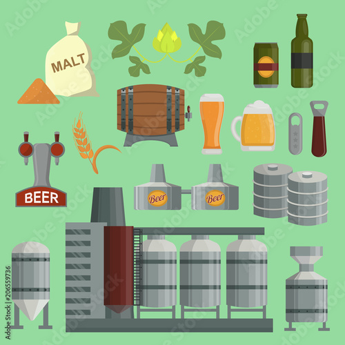 Beer brewing process factory vector flat style beer production keg, hops, plant opener brewing process elements. Mashing, boiling, cooling, fermentation, filtering packaging