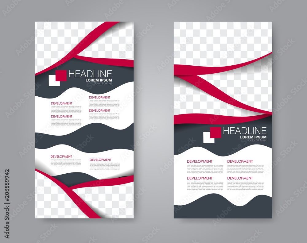 Vector flyer and leaflet design. Set of two side brochure templates. Vertical banners.  Red and grey color.