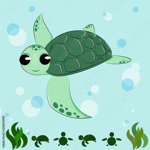 Fototapeta Naklejka Na Ścianę i Meble -  The little sea turtle swimming underwater