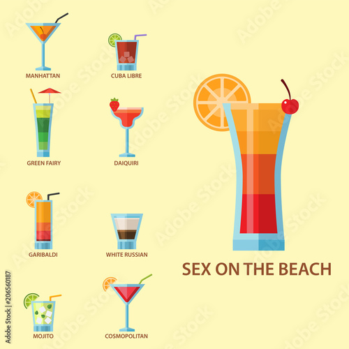 Set of alcoholic cocktails fruit cold drinks tropical cosmopolitan freshness collection and party alcohol sweet tequila vector illustration.