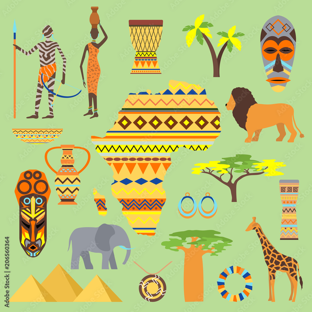 Obraz premium African vector symbols travel safari icon element set. African animals and people ethnic art south ancient design. Wildlife mask ancient african pattern, house, man and woman