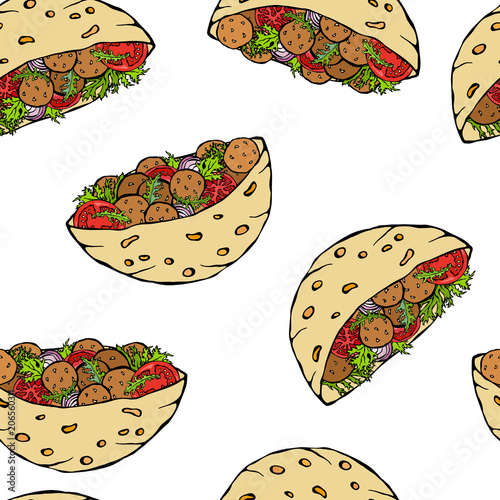 Seamless Endless Pattern with Falafel Pita or Meatball Salad in Pocket Bread. Arabic Israel Healthy Fast Food Bakery. Jewish Street Food. Realistic Hand Drawn Illustration. Savoyar Doodle Style.